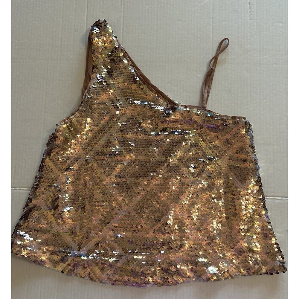 Free People Disco Fever One-Shoulder Bronze Sequined Blouse Sparkle Size XS - Picture 2 of 10